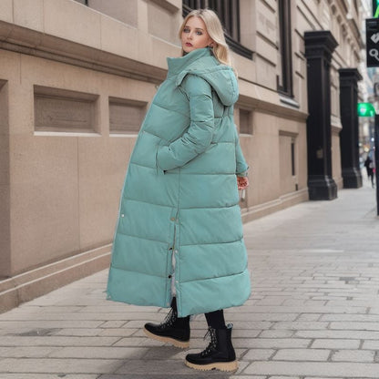 Long quilted coat with hood and thick padding