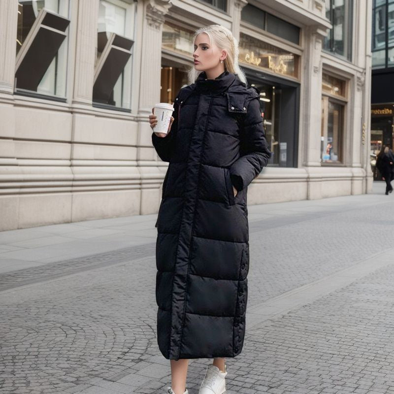 Long quilted coat with hood and thick padding