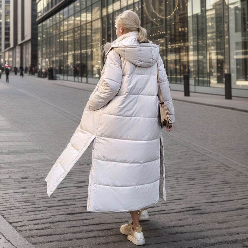 Long quilted coat with hood and thick padding