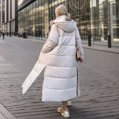 Long quilted coat with hood and thick padding