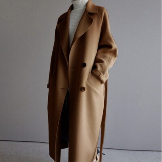 Long coat with tie belt and minimalist look