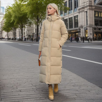 Long quilted coat with hood and thick padding