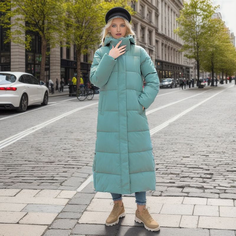 Long quilted coat with hood and thick padding