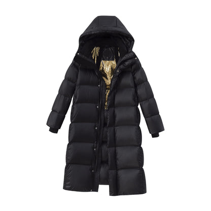 Extra-long quilted coat with hood and shiny finish